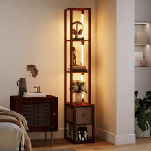 (Brown) HOMCOM Floor Lamp with Shelves, LED Standing Lamp with Fabric Drawer
