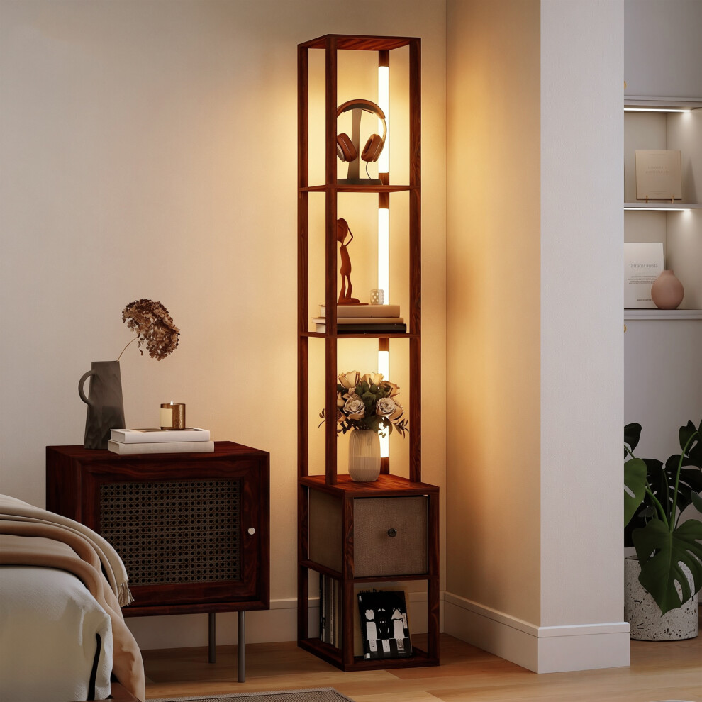 Homcom (Brown) Floor Lamp With Shelves, Led Standing Lamp With Fabric Drawer