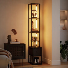 (Black) HOMCOM Floor Lamp with Shelves, LED Standing Lamp with Fabric Drawer