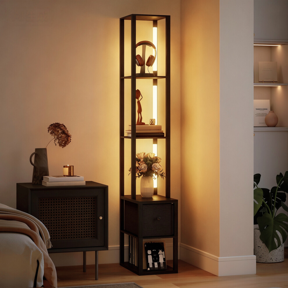 Homcom (Black) Floor Lamp With Shelves, Led Standing Lamp With Fabric Drawer Black