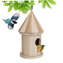 Wooden Bird House Hanging DIY Outdoor Minimalist Style Protection Weatherproof Bird House Nesting Box for Garden Yard Balcony Round Door Bird Houses
