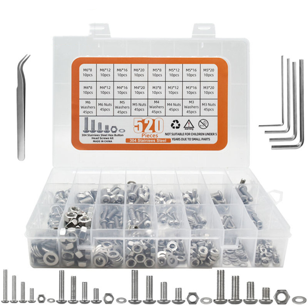 304 Stainless Steel 520Pcs Nuts And Bolts Assortment Kit, M3-M6 Metric Bolt Assortment For Longevity 9198585913585