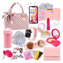 Play Purse for Little Girls, Princess Pretend Play Set, Play Handbag with Mobile Phone & Makeup Toys for Girls Gift (31pcs)