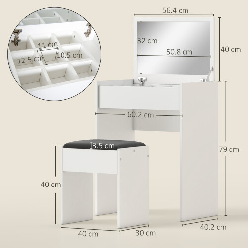 Homcom HOMCOM Dressing Table Set Padded Stool with Flip-up Mirror Multi-purpose - White 2