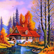 Preprinted cross stitch kits for adults, hut in the forest 11ct stamped embroidery kits 19.7 x 19.7 inches, DIY wall art decor for beginners Cabin