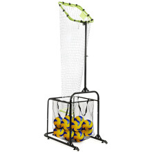 Volleyball training net with adjustable height and angle, portable design with storage bag and wheels, ideal for indoor and outdoor exercises