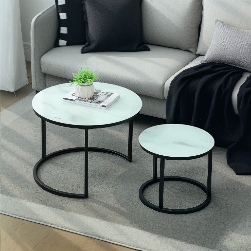 Homcom Glass Coffee Table Set Of 2, Round Nest Of Tables, White