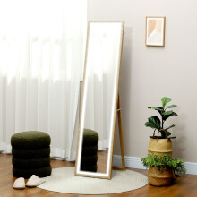 HOMCOM Dimming Full Length Mirror w/ Lights Standing Leaning Wall Mount Oak