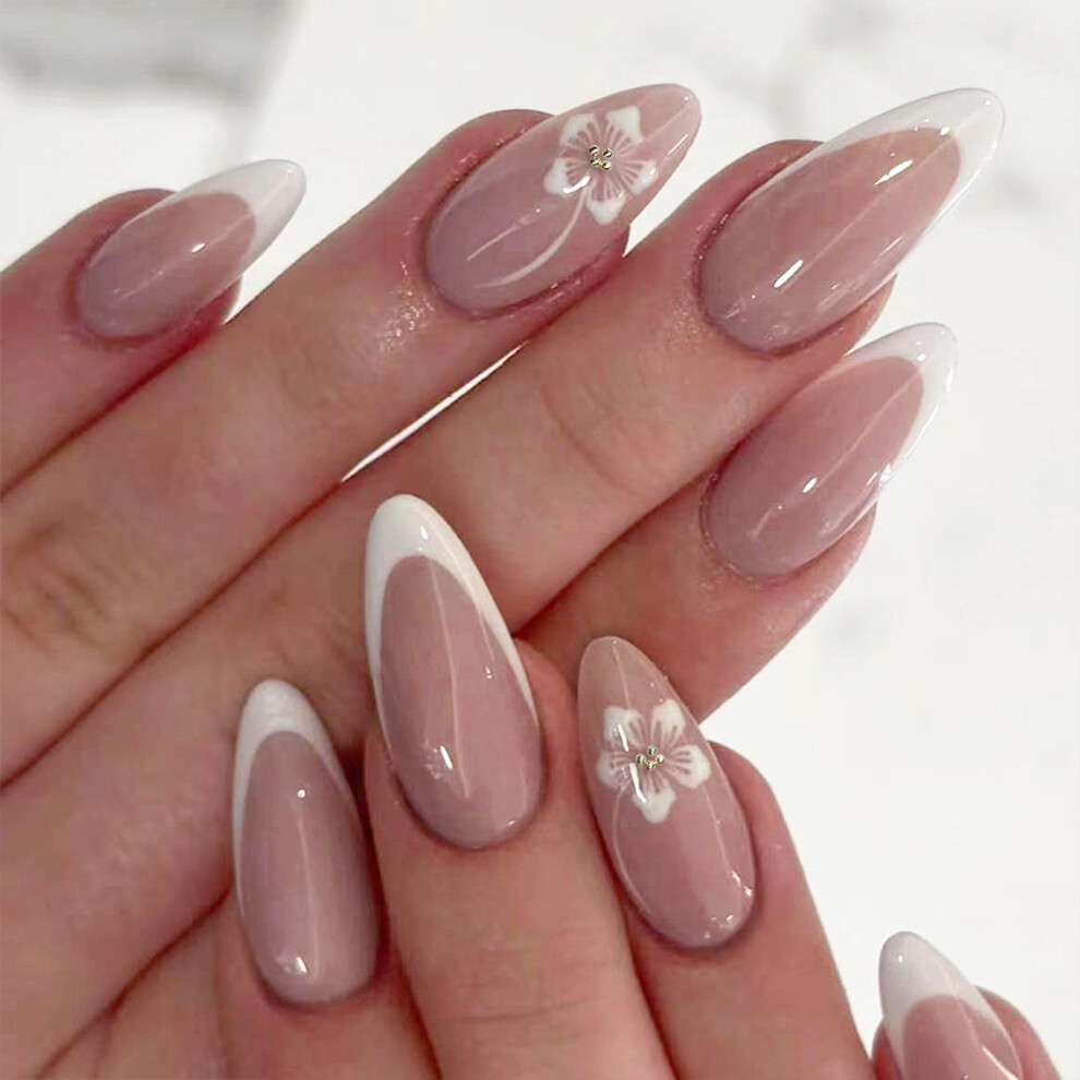24Pcs Flower Fake Nail Almond Press on Nail False Nail Tips