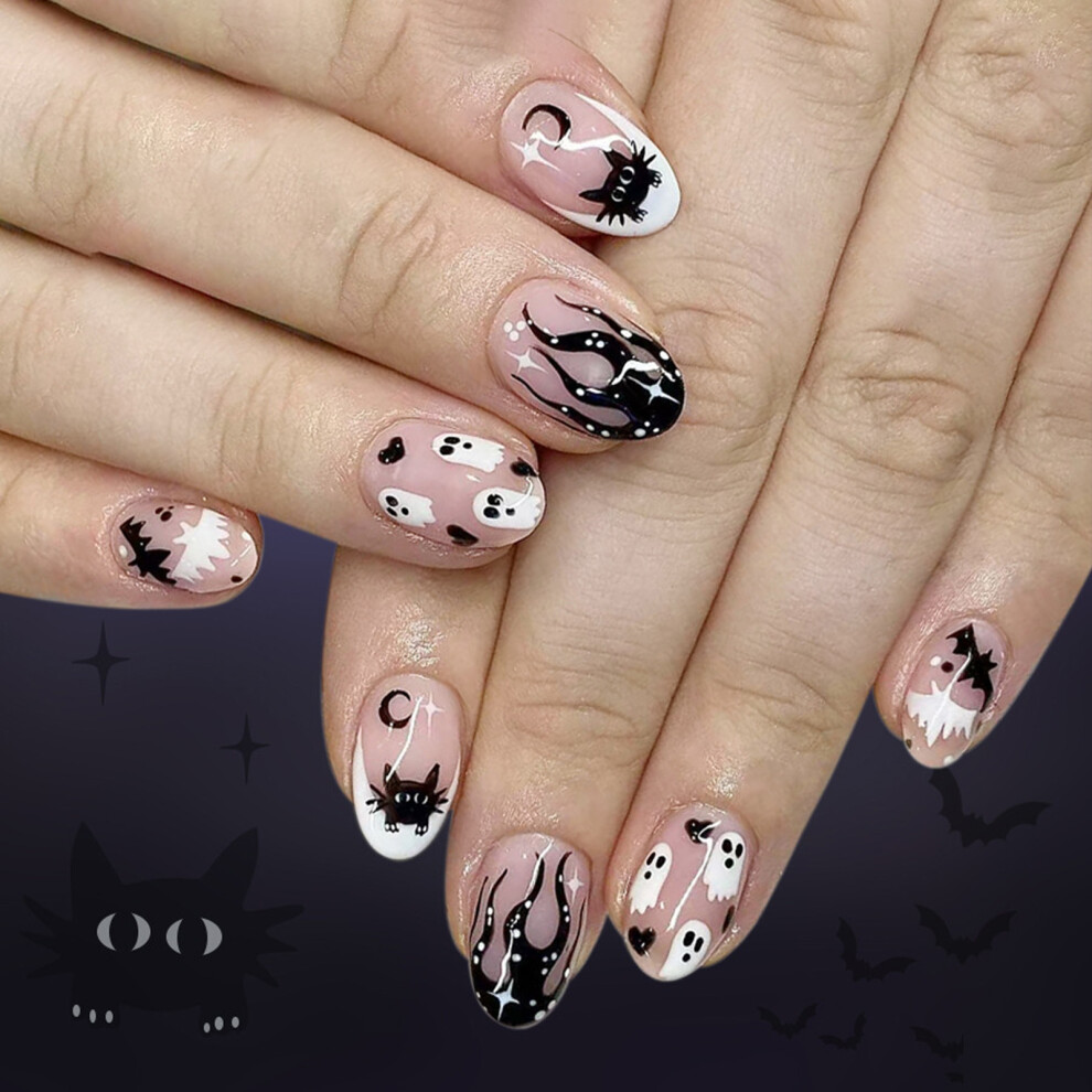 Halloween Press on Nail,Almond French Tips Fake Nail Acrylic