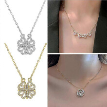 2pcs Four Leaf Clover Necklace Magnetic Folding Heart Shaped Clavicle Chain Jewelry Hanging Pendant