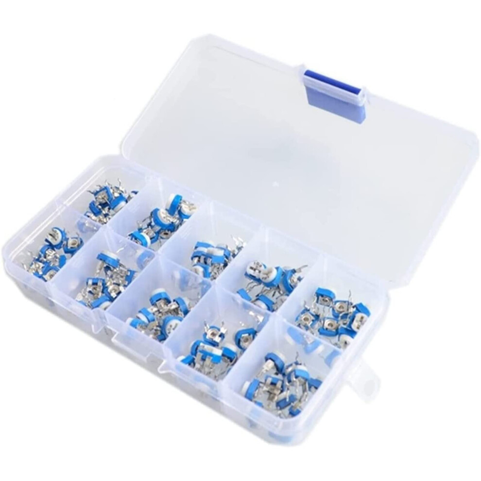 Resistance 100 Pieces/Cardboard Rm065 Carbon Film Horizontal Trimpot Potentiometer Assortment Kit 10 Values Variable Resistance 500R 1M 9001264126001
