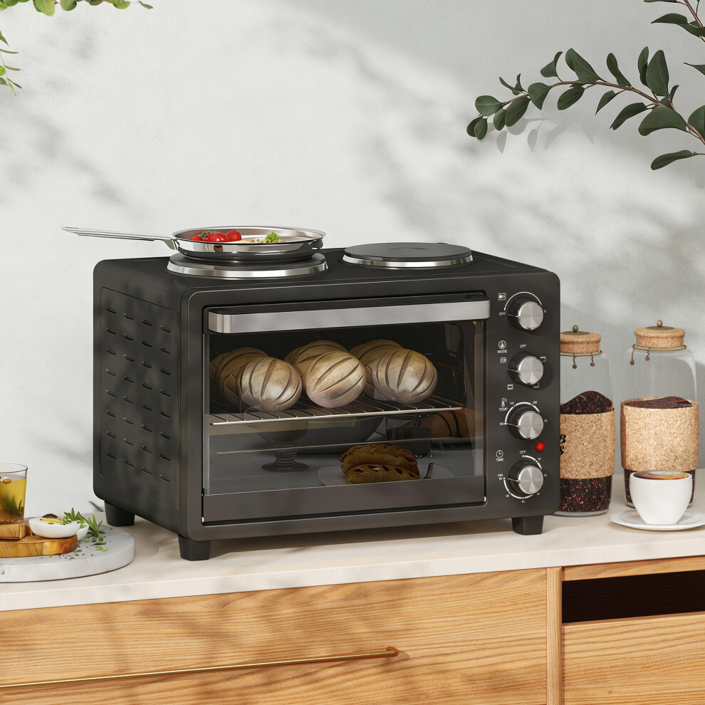Homcom 28L Countertop Toaster Oven With 2 Hot Plates, Grill, Roast, Bake