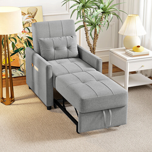 Homcom HOMCOM Pull Out Chair Bed, Sleeper Chair with Pillow, Side Pockets, Light Grey
