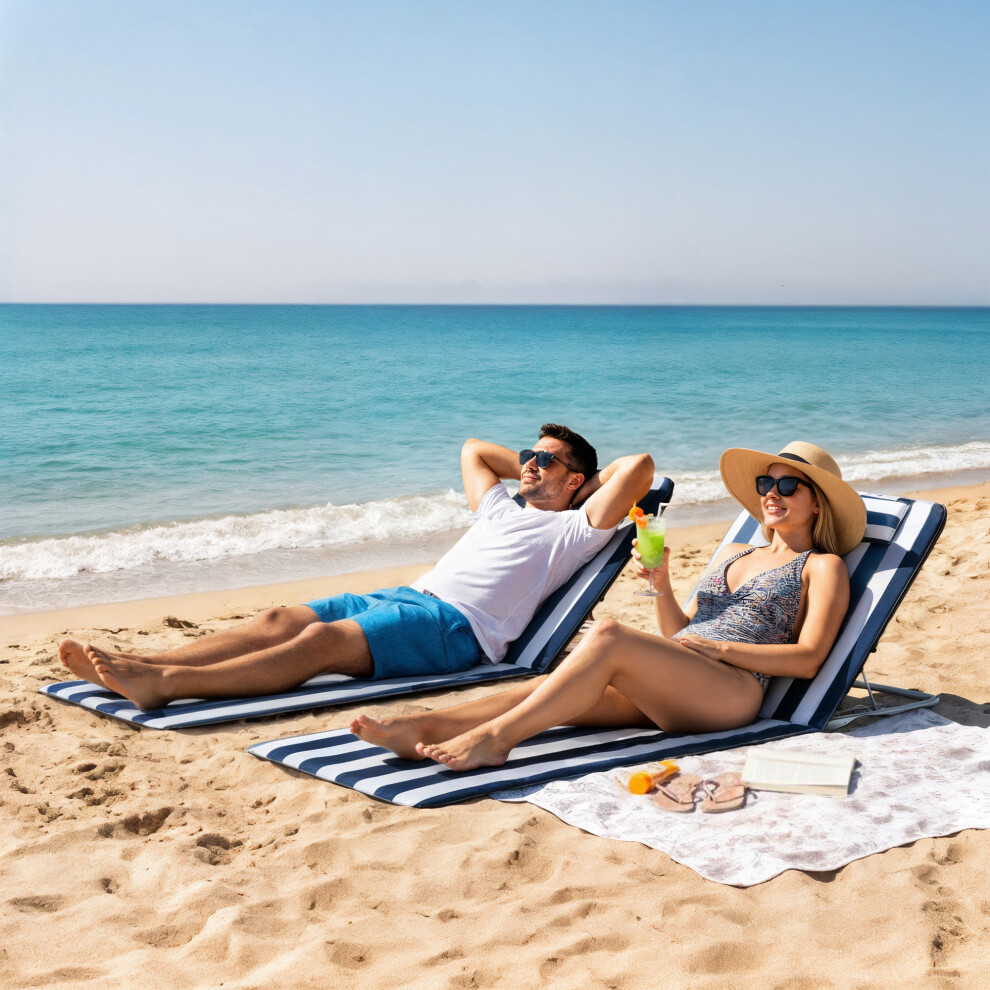 Outsunny 2 Pieces Outdoor Beach Mat Steel Reclining Chair Set W/ Pillow Blue