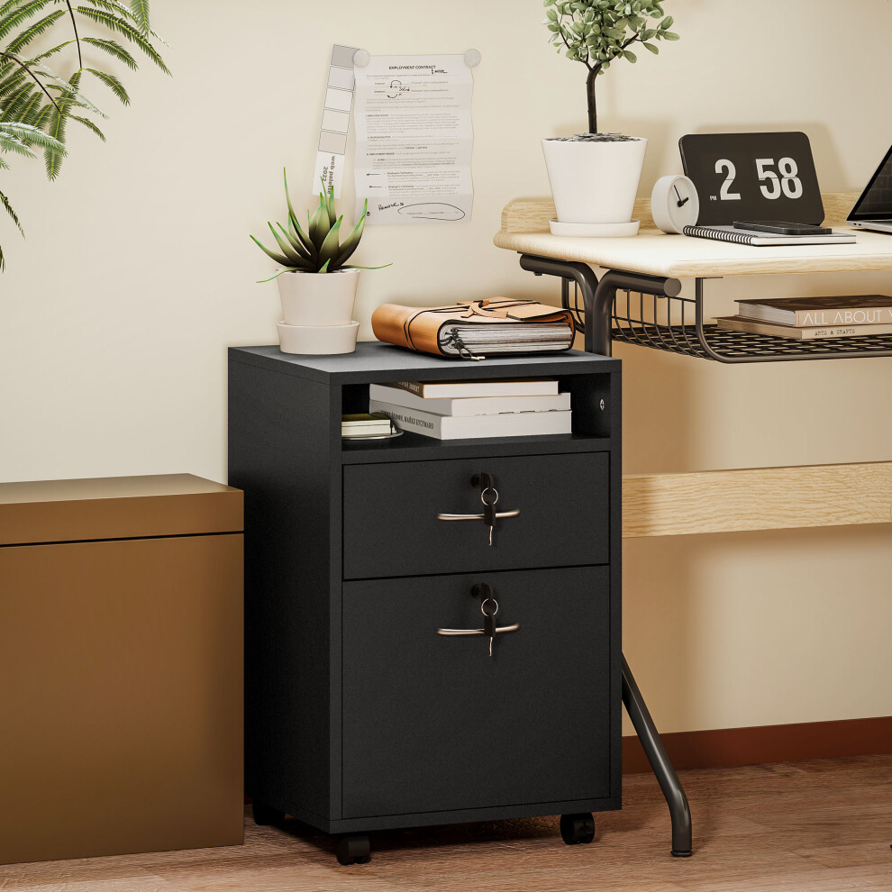 Bobobiy Black 60Cm Filing Cabinet With Drawer, Open Shelf, Metal Handles And 4 Wheels, Office Home Organiser Mobile Printer With Two Locks, - Image 5