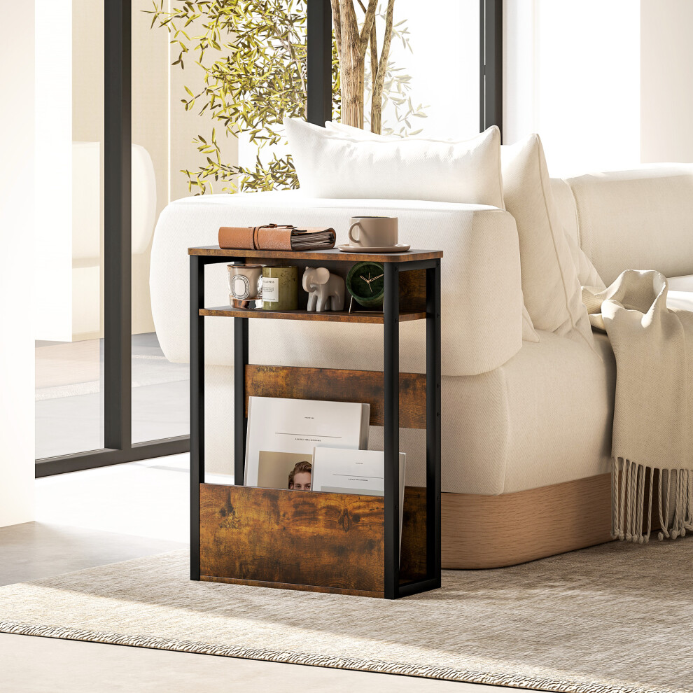 Homcom Narrow Side Table With Storage, Bedside End Table, Rustic Brown