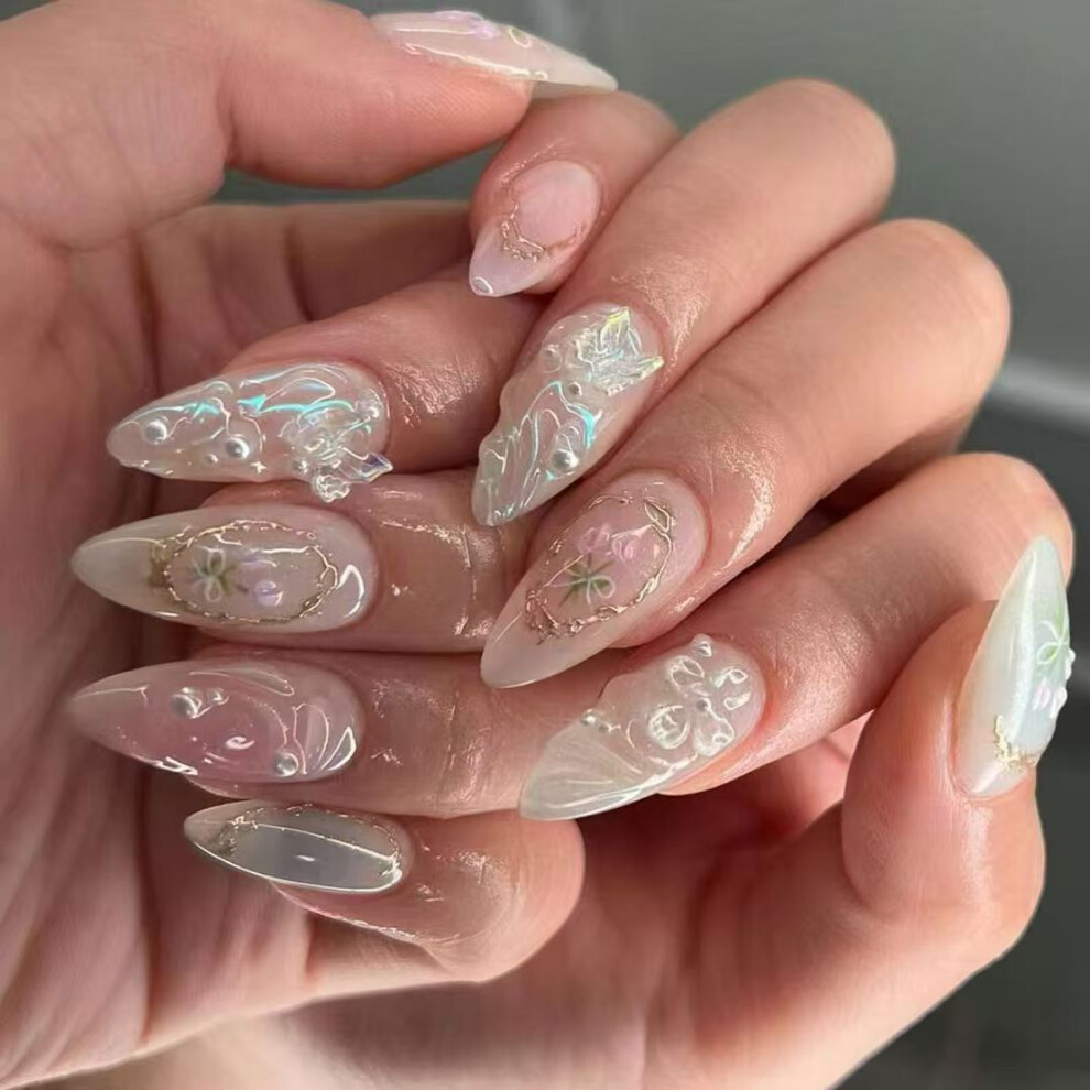 24 Pcs Butterfly False Nail 3D Flower Artificial Nail Bows Full