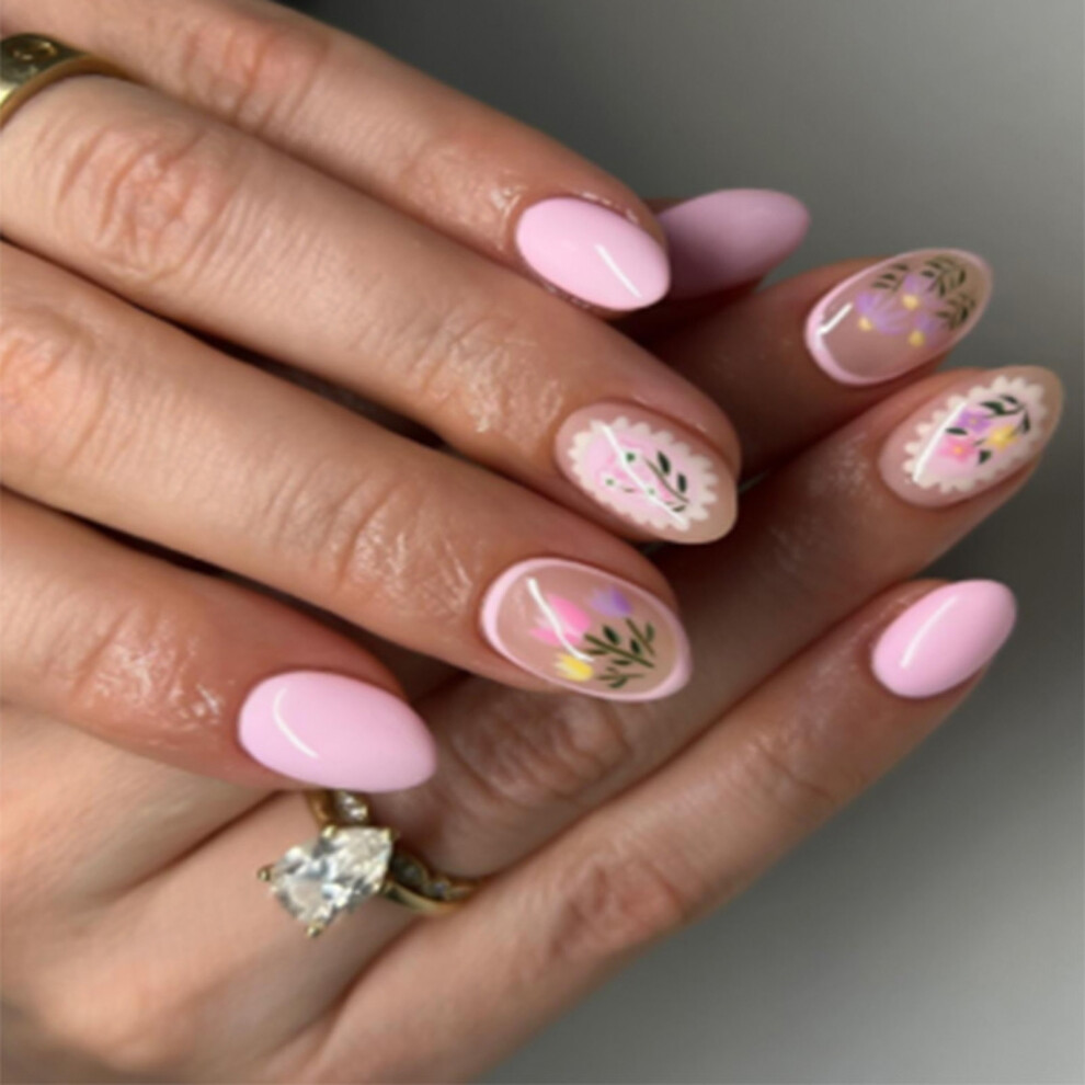 24Pcs Flower Fake Nail Almond Press on Nail False Nail Tips