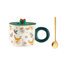 Festlig keramisk kaffekop til kvinder, mænd og børn, juletræskrus med låg og ske, der forbedrer julestemningen, sæsonbestemt borddekoration,