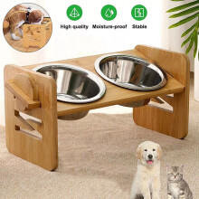 Small Dog Food Feeding Stand Station Stainless Double Raised Bowls&Wooden Holder