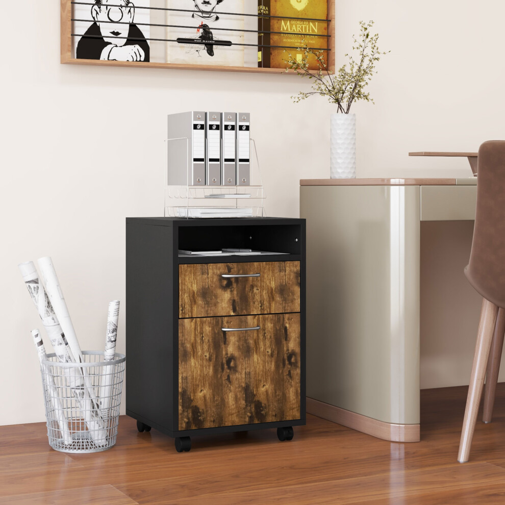 Homcom 60Cm Storage Cabinet With Drawers And Open Shelf, Rustic Brown