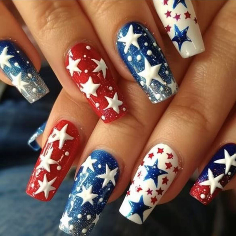 Red/Blue Coffin Press On Nail 4Th Of July Fake Nail Independence Day