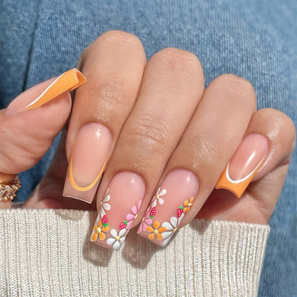 24pcs French Nail Press On Nail With Strawberry and Flower