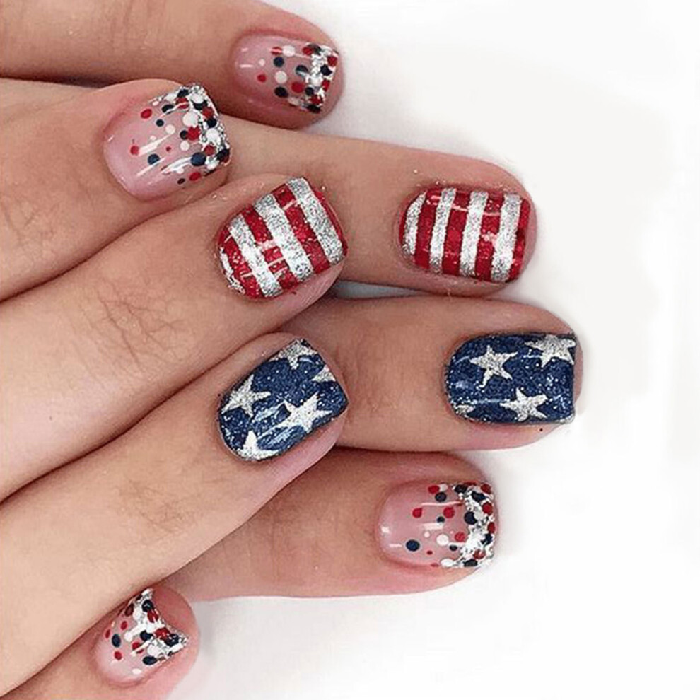 24Pcs Independence Day Themed False Nail Short Square Press On