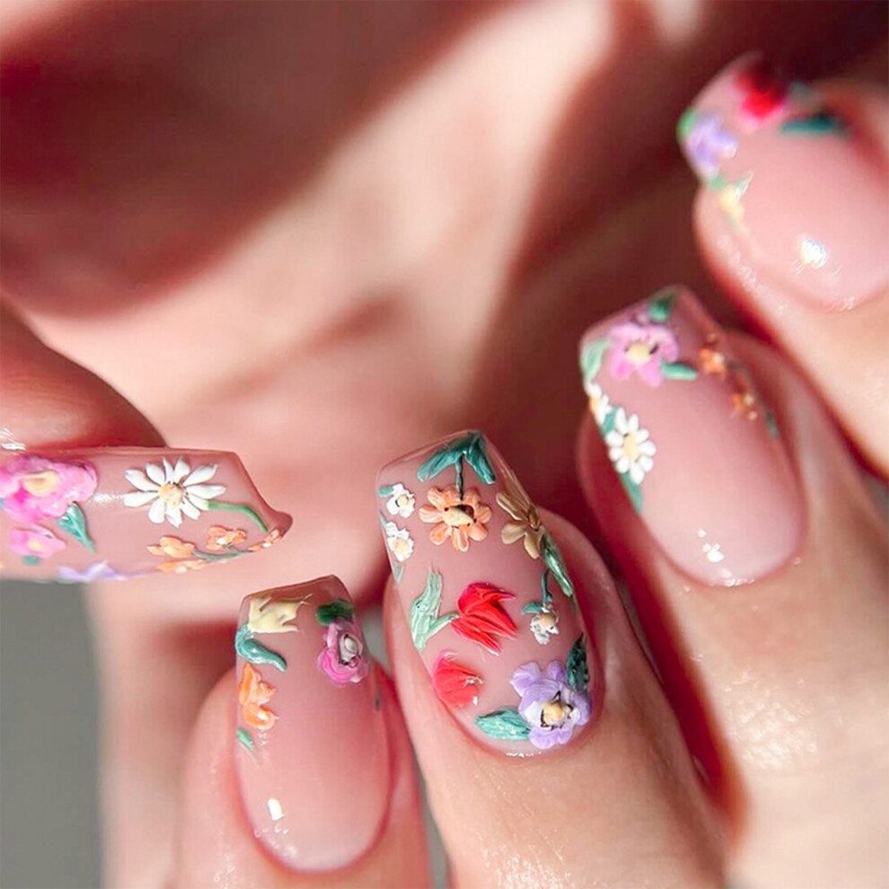 24Pcs Square Press on Nail Glossy Design French Fake Nail