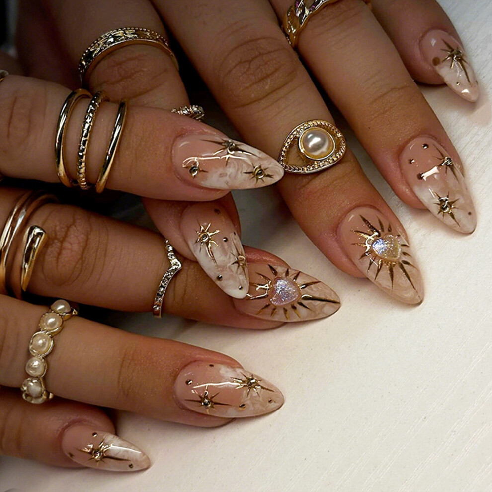 24 Pieces Almond False Nail Glossy Sun Moon Design Full Cover