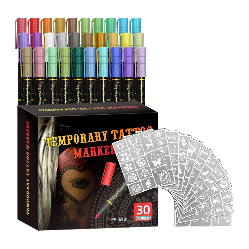 (30 Colors With Stikers A#) Temporary Tattoo Markers for Skin Tattoo Pens Brush Tip Bright 1-30 Colors