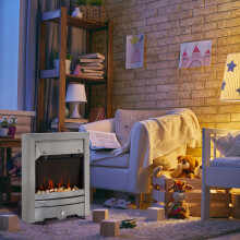 HOMCOM Electric Fireplace Stainless Steel 2KW Heater LED Fire Flame Silver