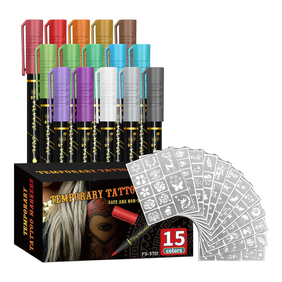 (15 Colors With Stickers A#) Temporary Tattoo Markers for Skin Tattoo Pens Brush Tip Bright 1-30 Colors