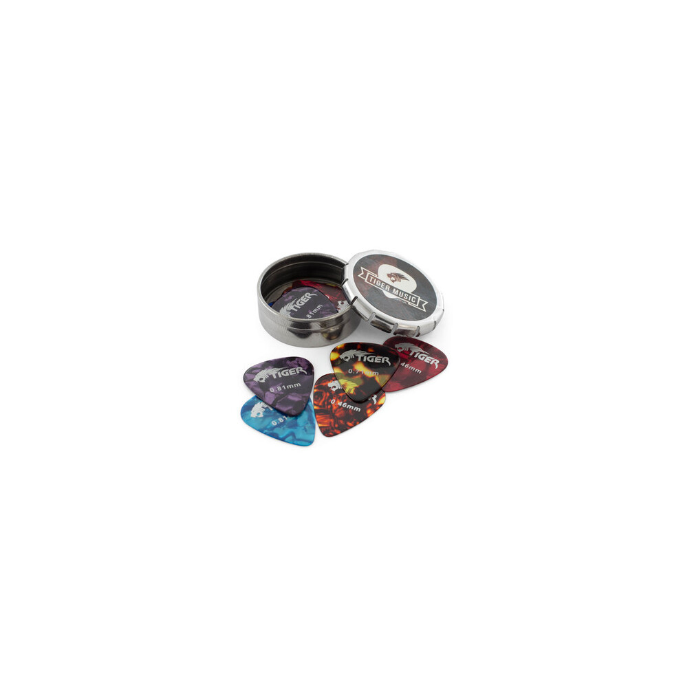 Tiger 12 Celluloid Guitar Picks & Pick Tin - Variety Of Gauges