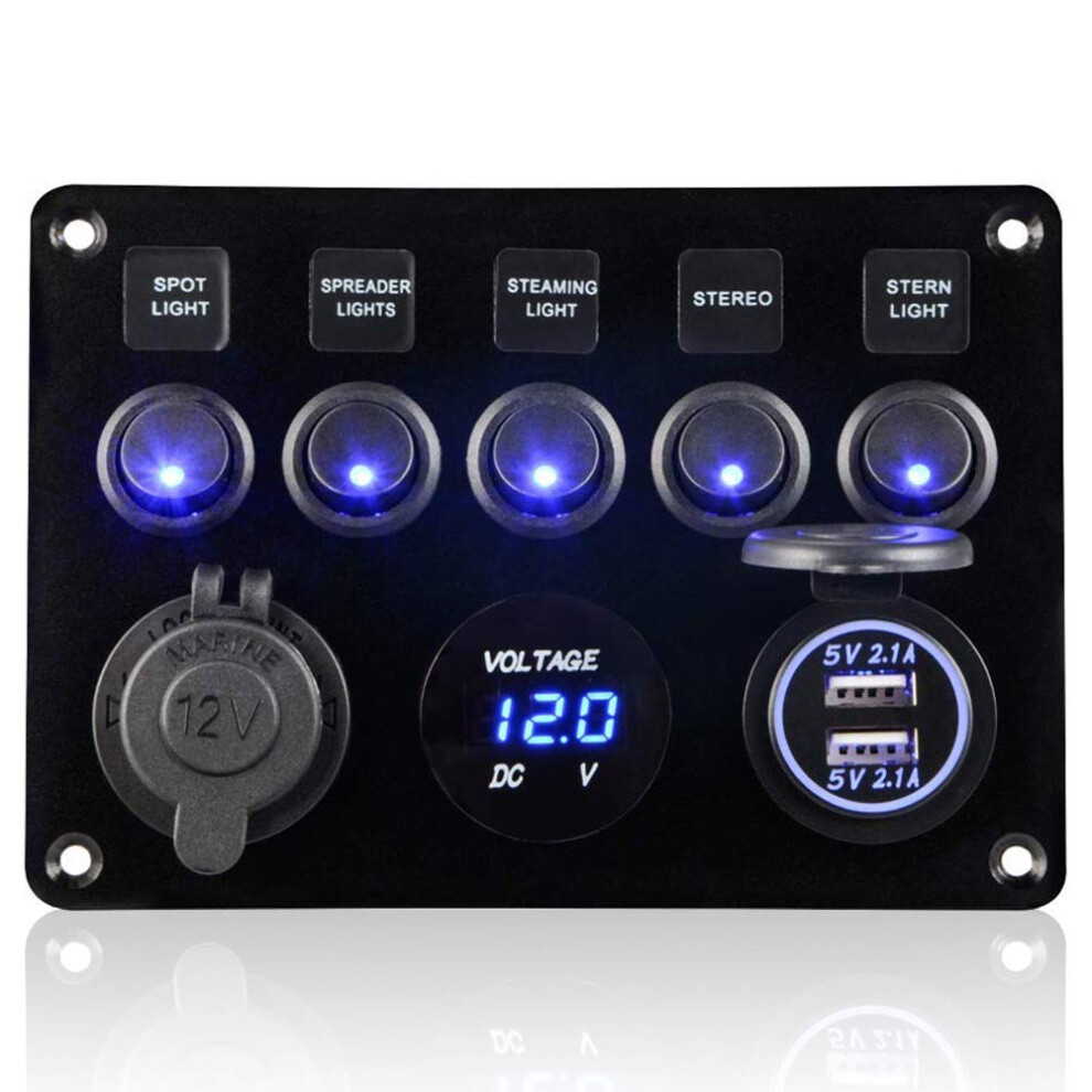 Switch Panel For Marine Boat, Waterproof Switch Panel 5 Gang With Dual Usb Charging Ports And Digital Voltmeter, Rocker Switch Panel With Cigarette Li 9198585922068