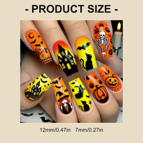 24pc Pumpkin Ghosted Bat False Nail Medium Square Shape ABS Fake 2