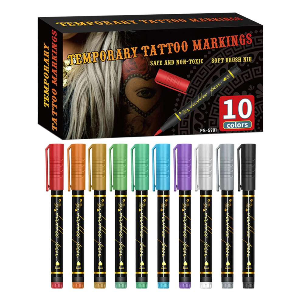 (10 Color Set) Temporary Tattoo Markers for Skin Tattoo Pens Brush Tip Bright 1-30 Colors