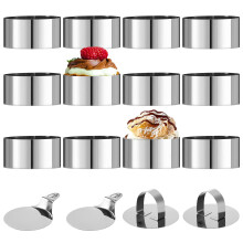 Pack of 12 Dessert Rings and Food Rings, Stainless Steel Food Rings with Lid and Base, 8 cm Round Mousse Ring, Suitable for Mousse and Biscuits