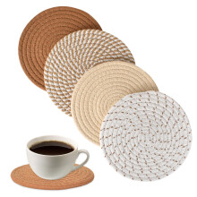 Pack of 4 Cotton Thread Weaving Mat, Insulated Placemat, Round Coasters (Brown)