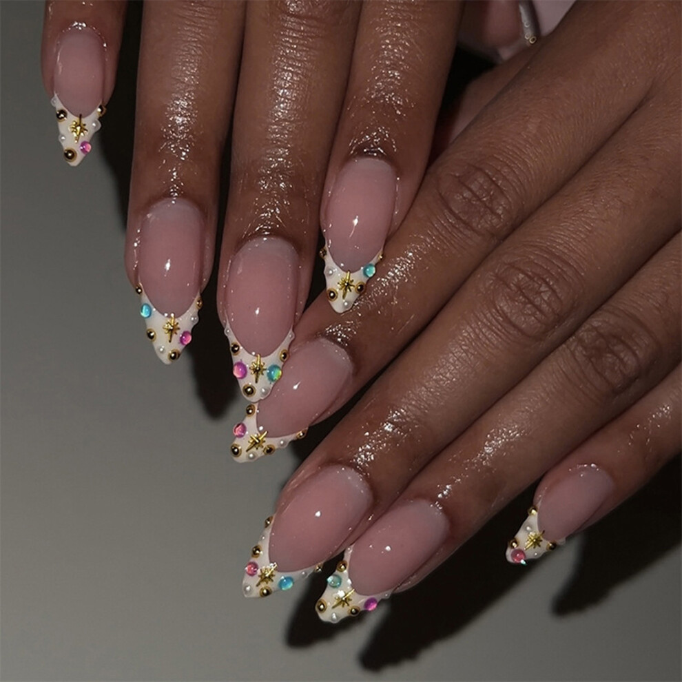 24Pcs Medium Almond Press On Nail Colorful Rhinestones Design
