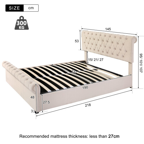 Beige Velvet Double Storage Bed, Button-Tufted 1