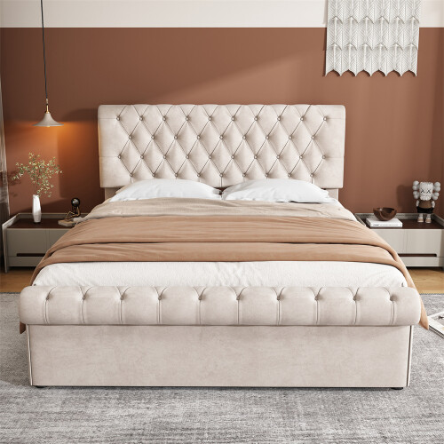 Beige Velvet Double Storage Bed, Button-Tufted 2
