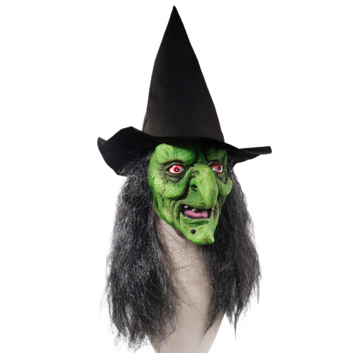 Μάσκα μάγισσας τρόμου για το Halloween με περούκα και καπέλο, τρομακτική πράσινη 2