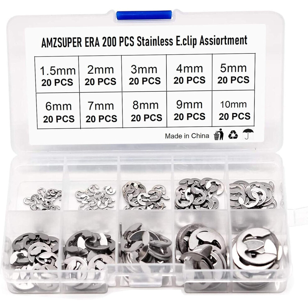Assortment Kit Of Stainless Steel E-Clips, Heat-Treated External Retaining Rings For Axial Movement Prevention (10 Size Options) 9554910879511