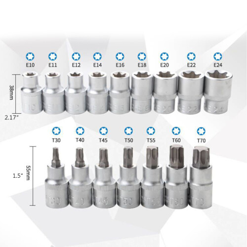 Torx Bit Socket Set with for Case E10-E24 T30-T70 16 Pcs Steel 1