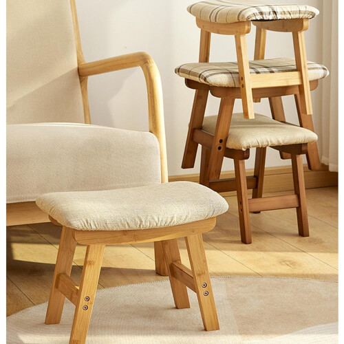 Bamboo Footstool, Rectangular Modern Upholstered Stool, MultiUse as Small Side Table 2