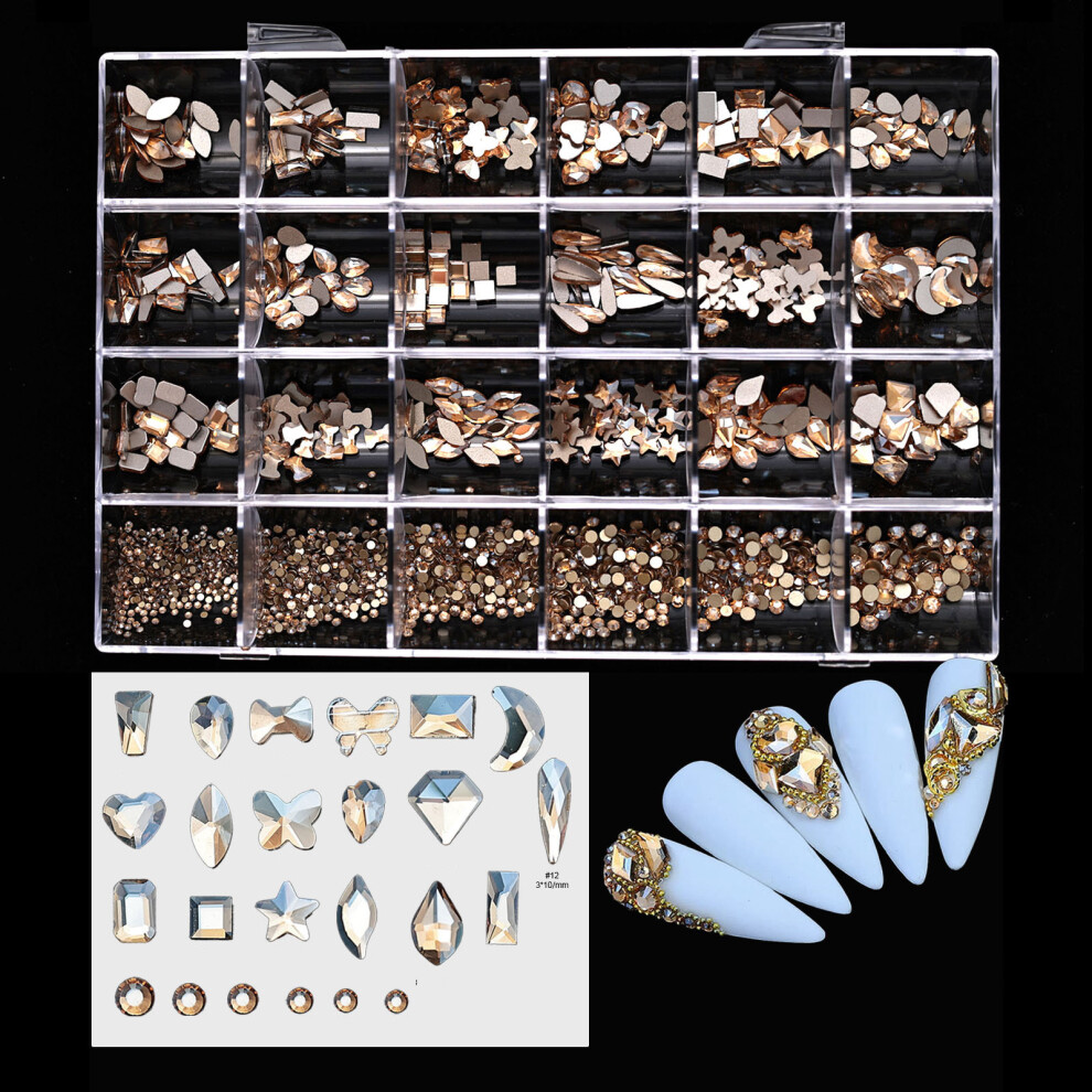 24 Grids Nail Art Rhinestones Nail Charms Glass AB-champagne