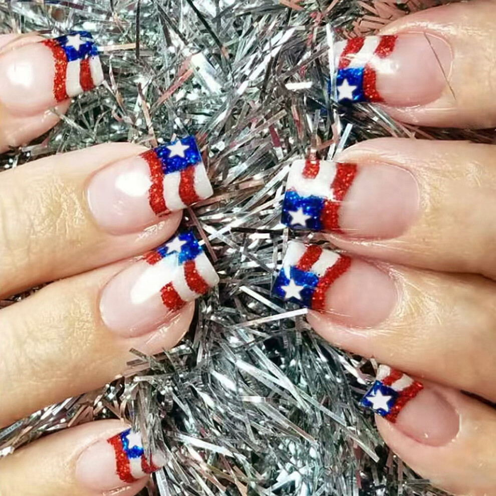 24 Pcs Independence Day False Nail French Tip Press On Nail
