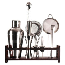 Cocktail Shaker Set 12Piece With Wood Stand Stainless Steel Kit 510 Ml Silver For Party Bar